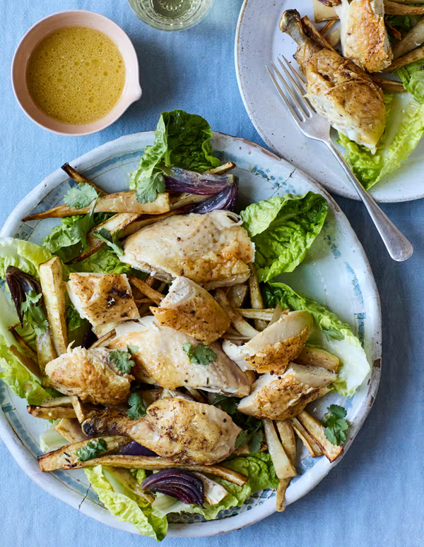 Spiced chicken salad with sticky roast parsnips