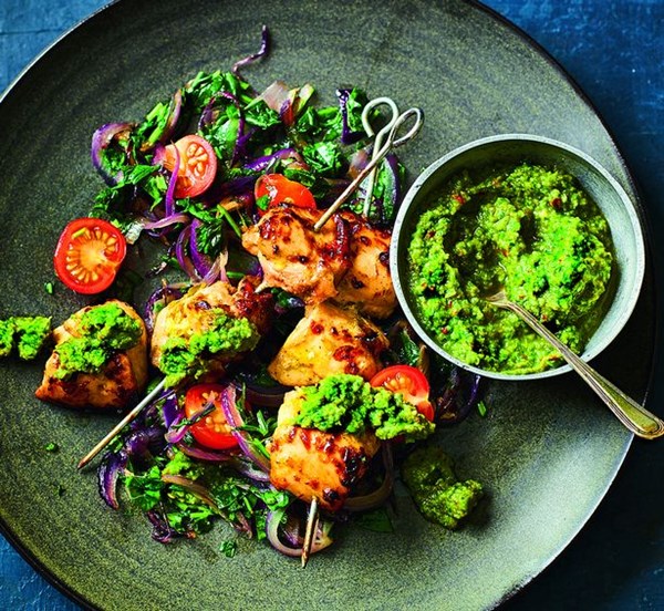 Spiced chicken skewers with apple and pea chutney