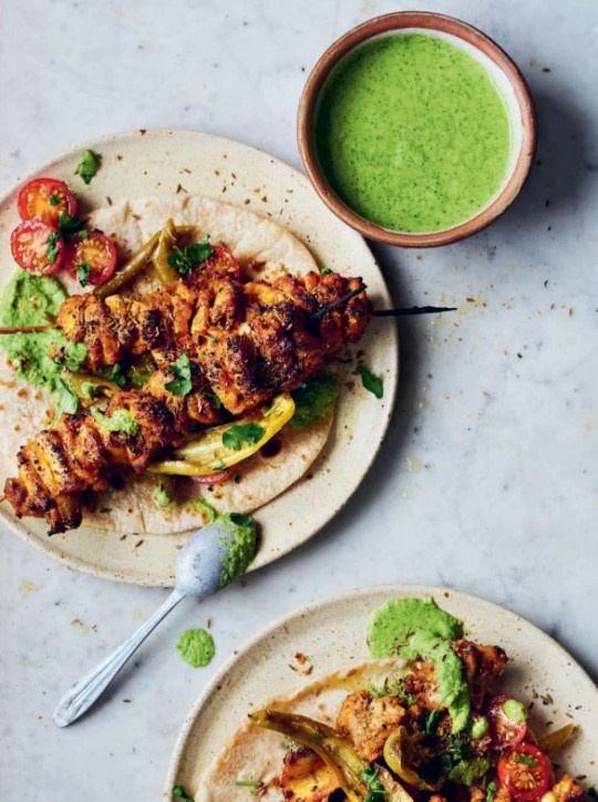 Spiced chicken skewers with pickling spices, mustard and chilli (Achari murgh tikka)
