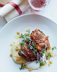 Spiced chicken thighs with fava puree and yogurt