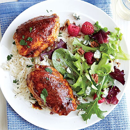 Spiced chicken thighs with garlicky rice