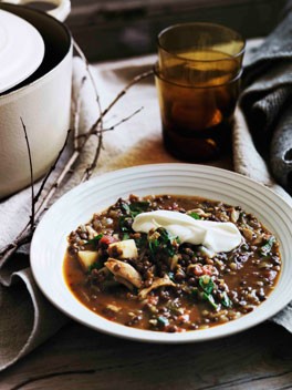 Spiced chicken, tomato and lentil soup