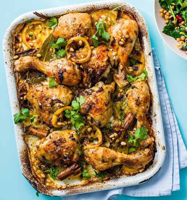 Spiced chicken traybake with spinach and lentils