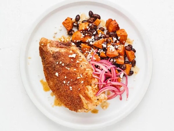 Spiced chicken with black beans and sweet potatoes 