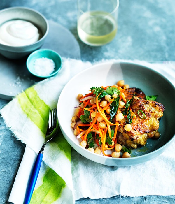 Spiced chicken with carrot, chickpea and green chilli salad