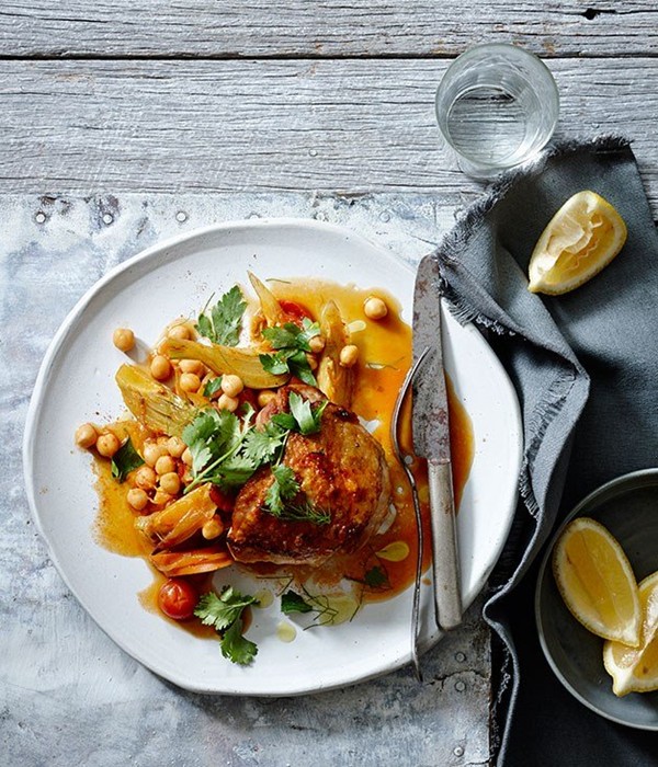 Spiced chicken with chickpeas, carrot and preserved lemon