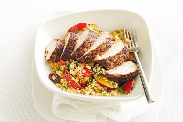Spiced chicken with couscous & plum salad
