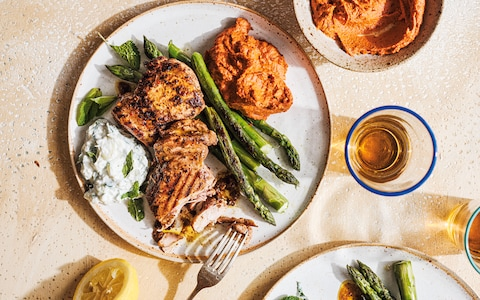 Spiced chicken with red hummus and tzatziki