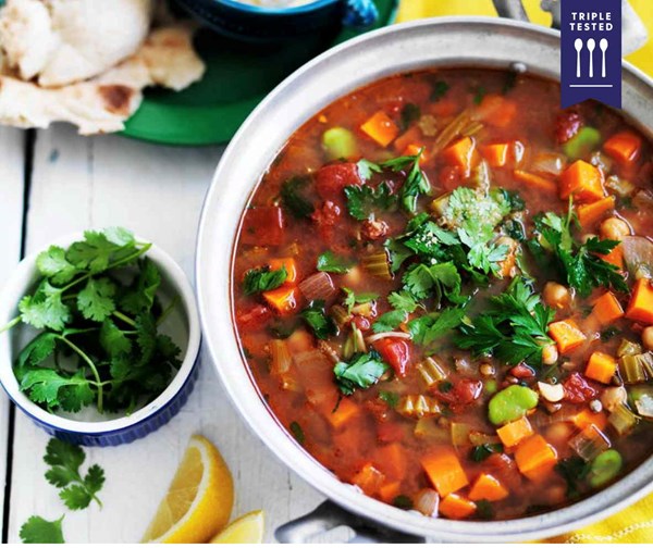 Spiced chickpea and broad bean soup with eggs and cumin salt