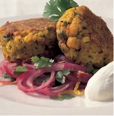 Spiced chickpea cakes with red onion and coriander salad