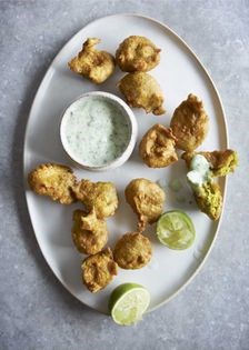 Spiced chickpea fritters with coriander yoghurt dip