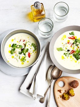 Spiced chickpea kofta with yoghurt and pearl barley soup