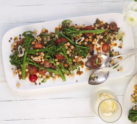 Spiced chickpea, lentil and broccoli salad