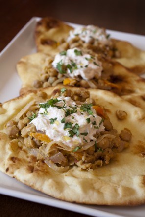 Spiced chickpeas on nan with cucumber yogurt