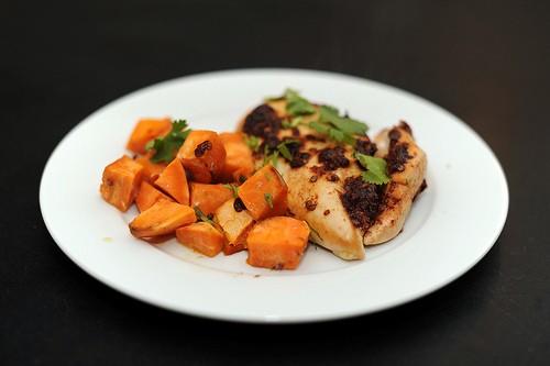 Spiced chipotle honey chicken breasts with sweet potatoes