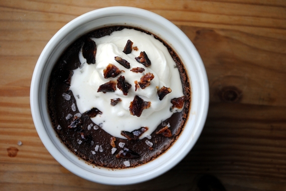 Spiced chocolate pots de creme with candied bacon and maple cream