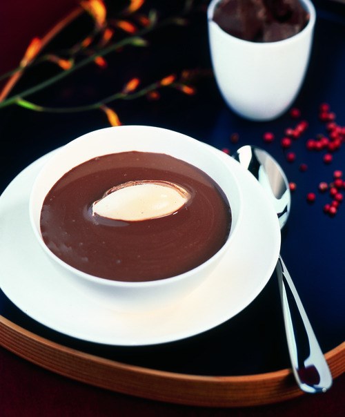 Spiced chocolate soup with caramel whipped cream
