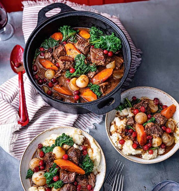 Spiced cinnamon beef stew with popping cranberries