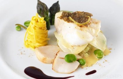 Spiced cod and scallop linguine with a red wine sauce