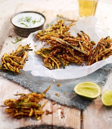 Spiced courgette fritters with mint and jalapeño dip