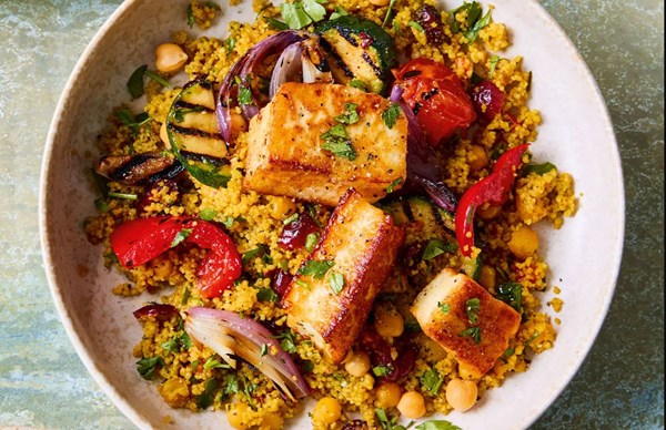 Spiced couscous, chickpea & vegetable salad with halloumi