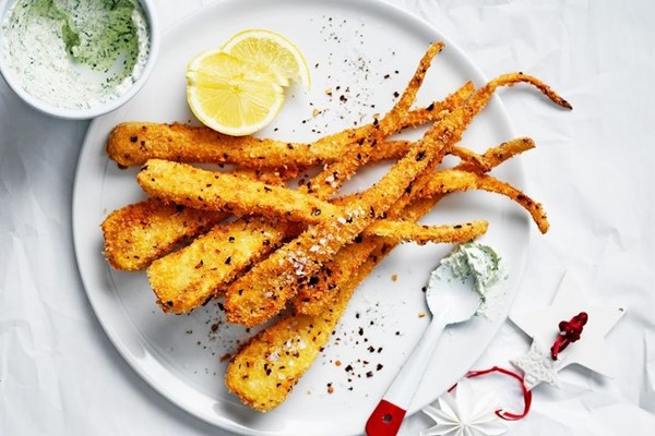 Spiced crumbed parsnip with herb labneh
