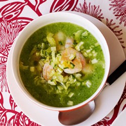 Spiced cucumber gazpacho with banana prawns