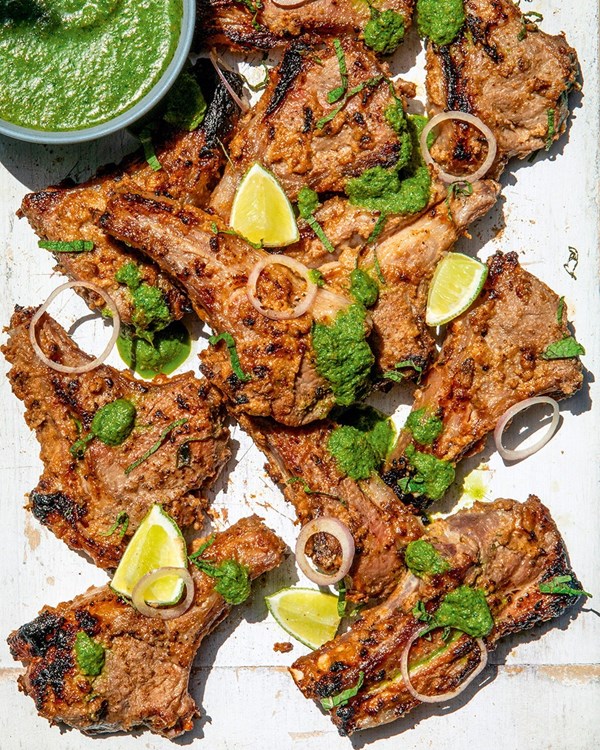 Spiced date and sultana lamb cutlets with mint and coriander chutney