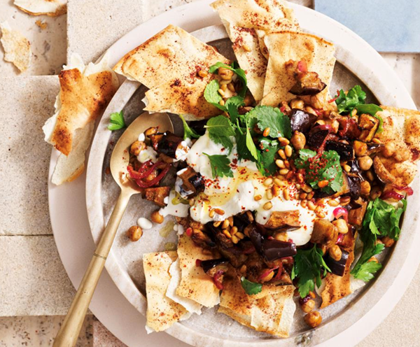 Spiced eggplant and chickpea fatteh
