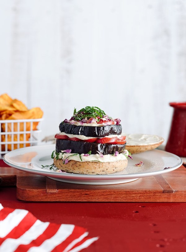 Spiced eggplant, hummus and mint burgers