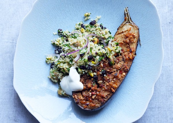 Spiced eggplant with bulgur salad