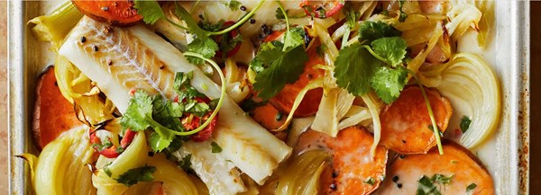 Spiced fish & coconut traybake