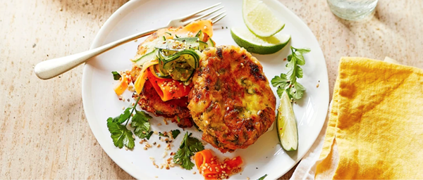Spiced fish cakes with carrot and cucumber salad