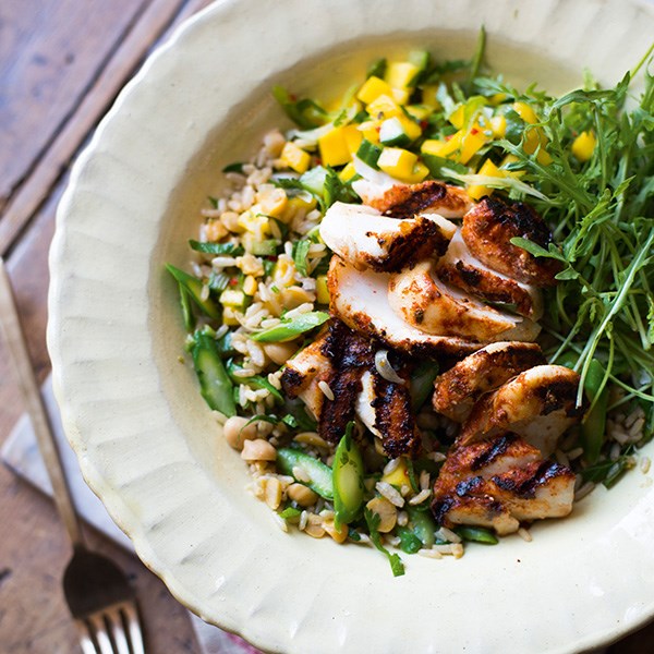 Spiced fish with mango salsa and brown rice salad