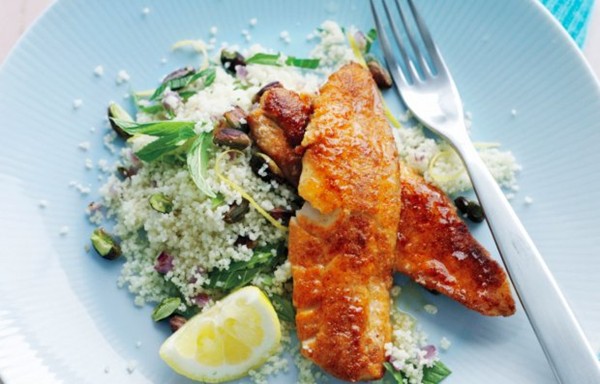 Spiced fried fish with lemon pistachio couscous