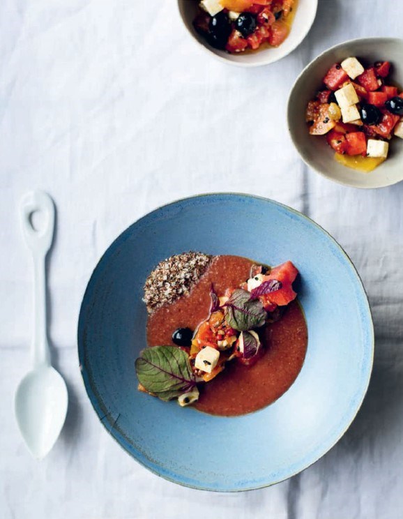 Spiced fruit and feta salad and watermelon gazpacho