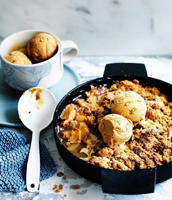 Spiced Fuji apple crumble with dulce de leche ice-cream