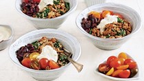 Spiced ground turkey-quinoa bowl with yogurt-tahini sauce