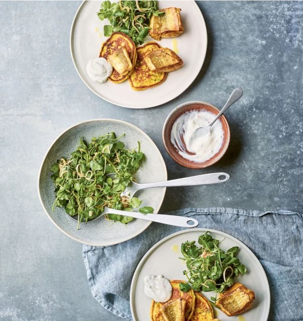 Spiced gurnard, turmeric potato pancake, watercress & shallot salad, chilli & lime yoghurt