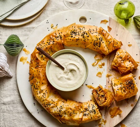 Spiced halloumi, Swiss chard and squash filo wreath