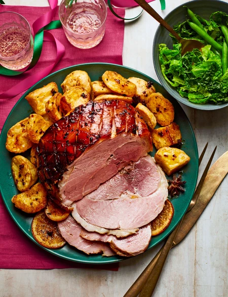 Spiced honey gammon with chilli crisp roasties