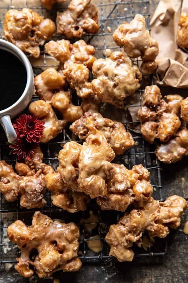 Spiced Honeycrisp apple fritters with vanilla coffee glaze