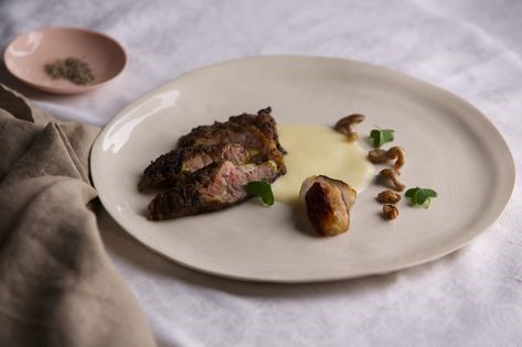 Spiced intercostals with Jerusalem artichokes and potato butter