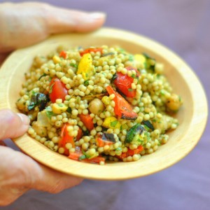 Spiced Israeli couscous with grilled vegetables, chickpeas, and cilantro
