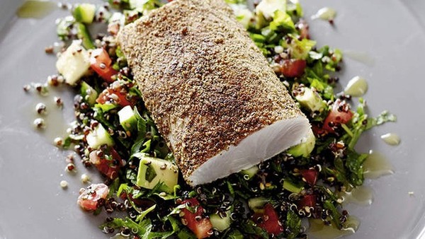 Spiced kingfish with avocado tabbouleh