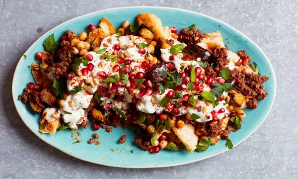 Spiced lamb and aubergine fatteh