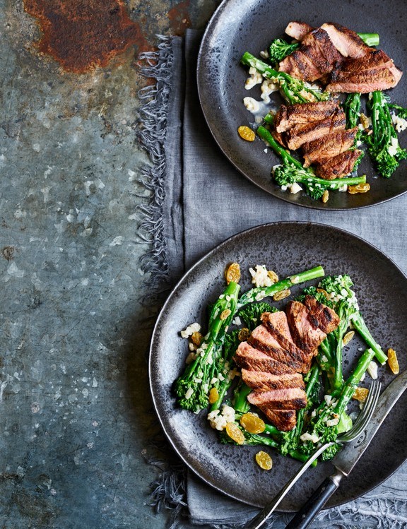 Spiced lamb and broccoli with pine nut, raisin and shallot dressing