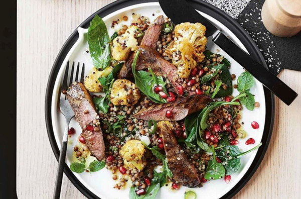 Spiced lamb and cauliflower with quinoa and lentils