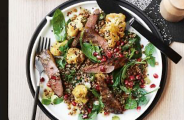 Spiced lamb and cauliflower with quinoa and lentils