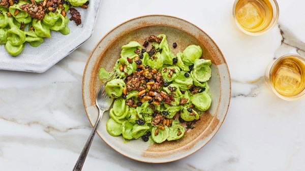 Spiced lamb and dill yogurt pasta
